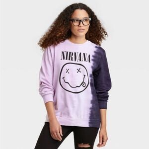 Nirvana Purple Black Tie Dye Smiley Face  Graphic Band T Sweatshirt Large
